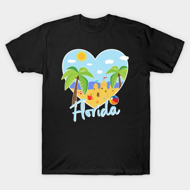 Florida Love Heart Shaped Beach Vacation Scene T-Shirt by MedleyDesigns67